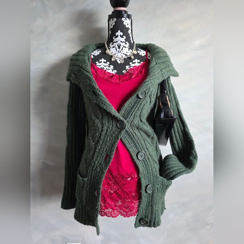 Vtg Mossimo Green Chunky Cable Knit Big Button Cardigan Fishermann Wool Blend XL - Picture 2 of 10